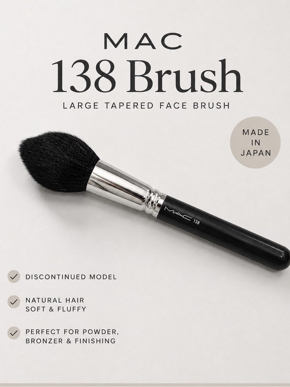 MAC 138 Large Tapered Face Brush Made in Japan Natural Hair Discontinued